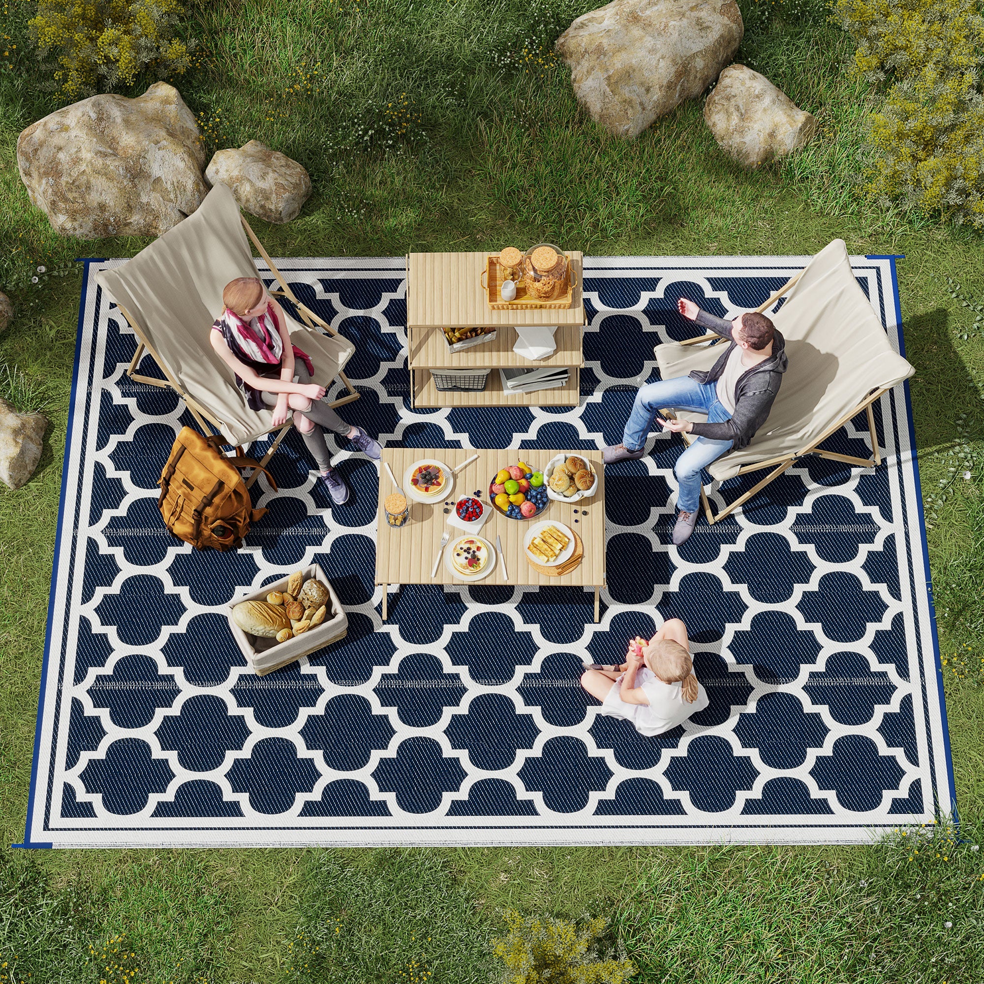Reversible Outdoor Rug Waterproof Plastic Straw Camping Mat Blue White